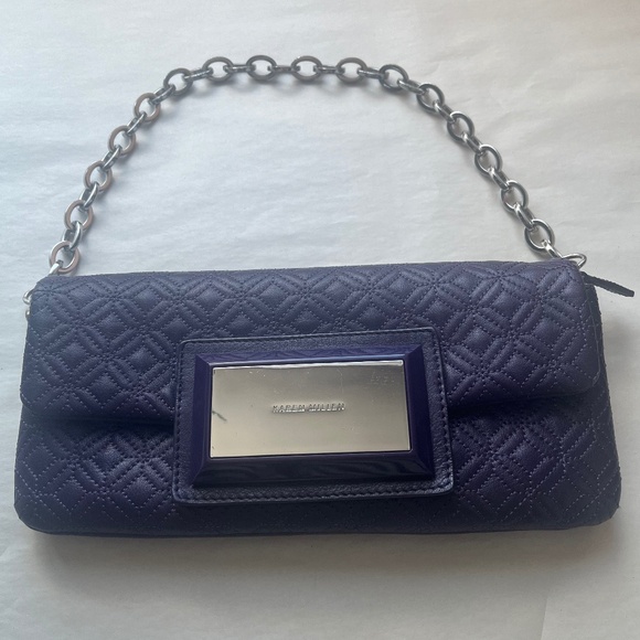 Karen Millen Leather Purple Quilted Clutch Logo Chain Cocktail Shoulder Bag - Picture 1 of 12